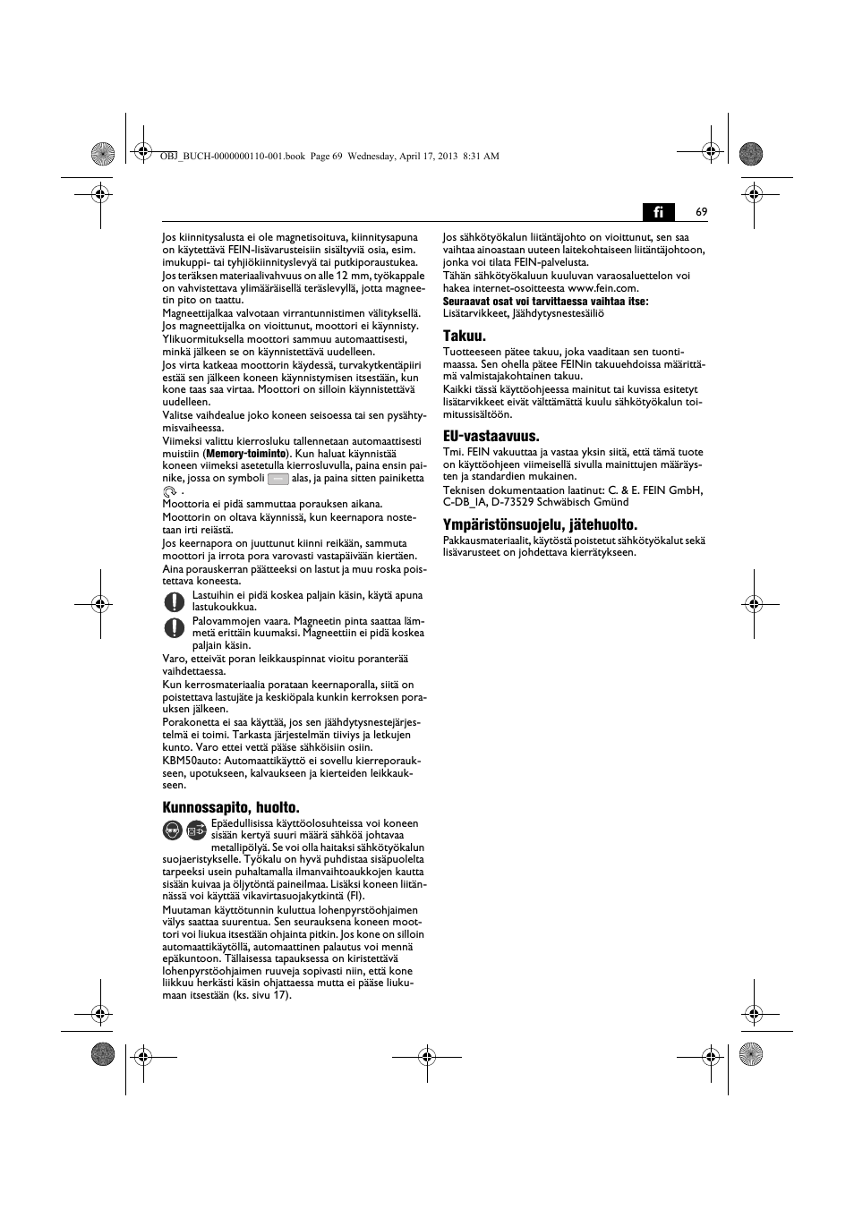 Kunnossapito, huolto, Takuu, Eu-vastaavuus | Ympäristönsuojelu, jätehuolto | Fein KBM65U User Manual | Page 69 / 162