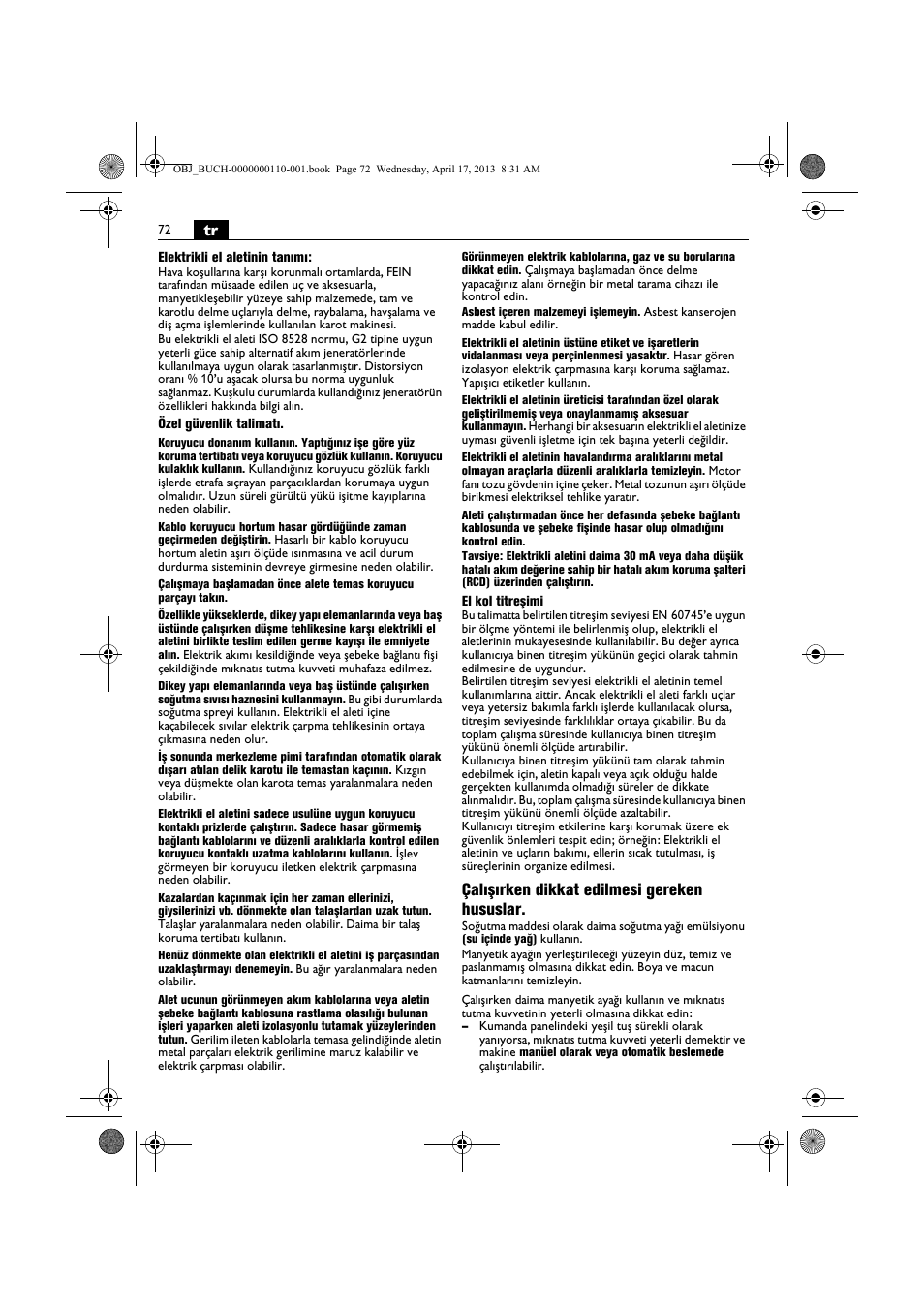 Çalışırken dikkat edilmesi gereken hususlar | Fein KBM65U User Manual | Page 72 / 162