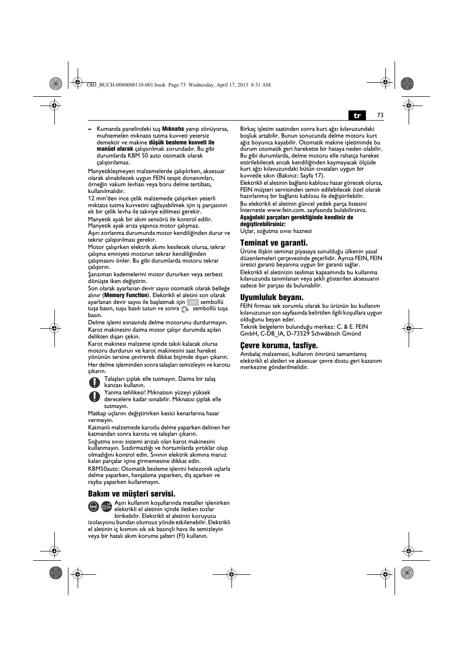 Bakım ve müşteri servisi, Teminat ve garanti, Uyumluluk beyanı | Çevre koruma, tasfiye | Fein KBM65U User Manual | Page 73 / 162