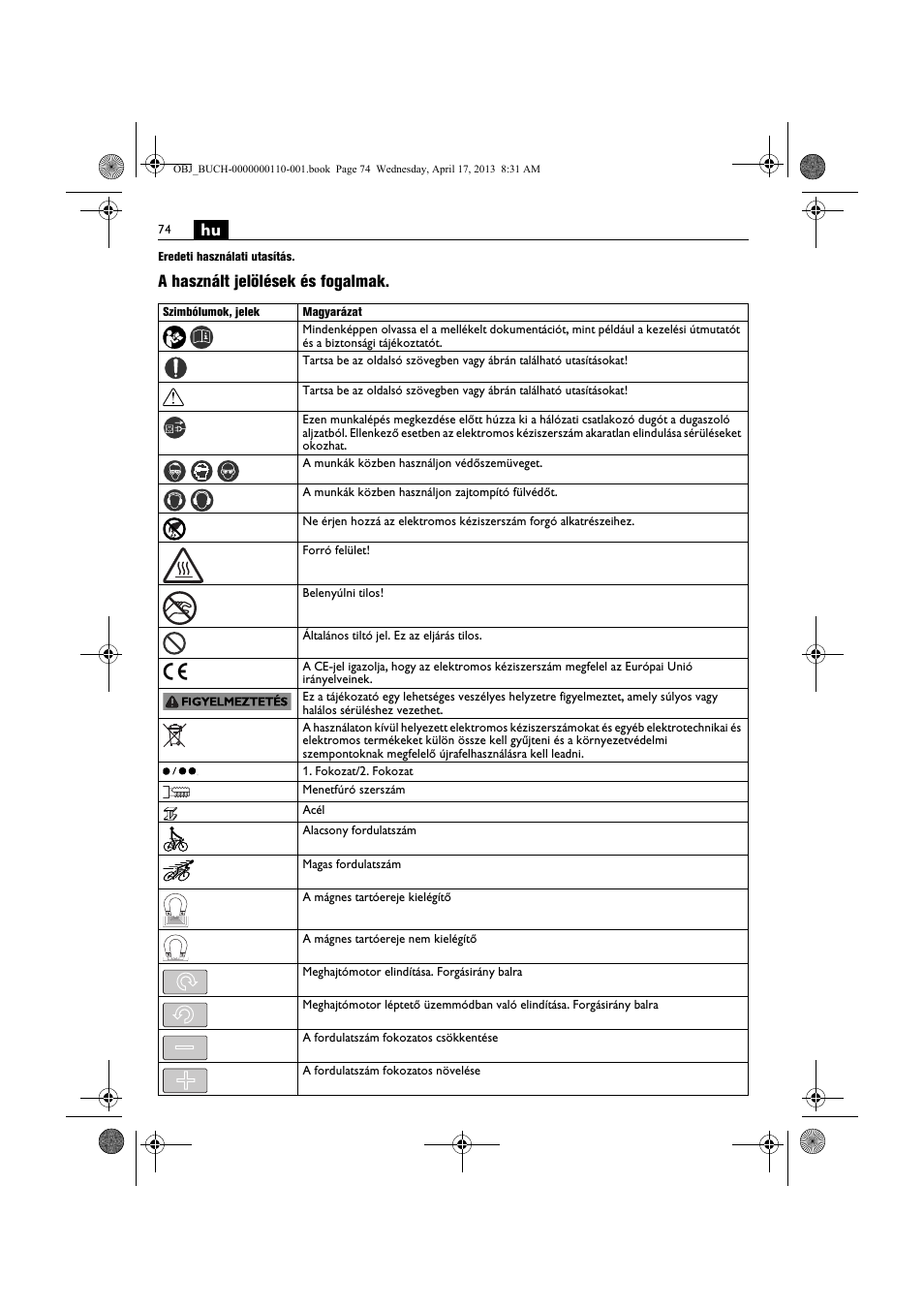 A használt jelölések és fogalmak | Fein KBM65U User Manual | Page 74 / 162