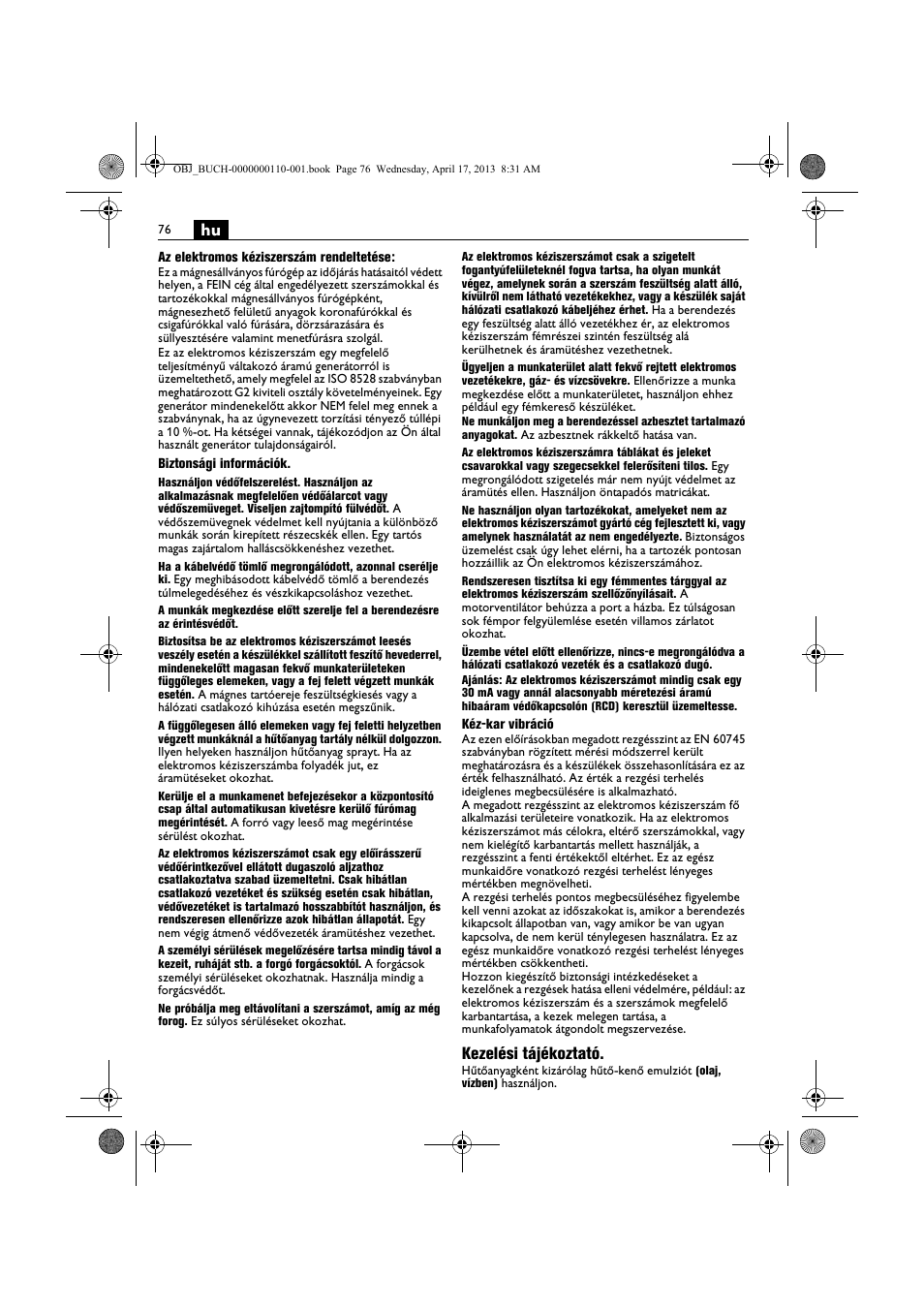 Kezelési tájékoztató | Fein KBM65U User Manual | Page 76 / 162