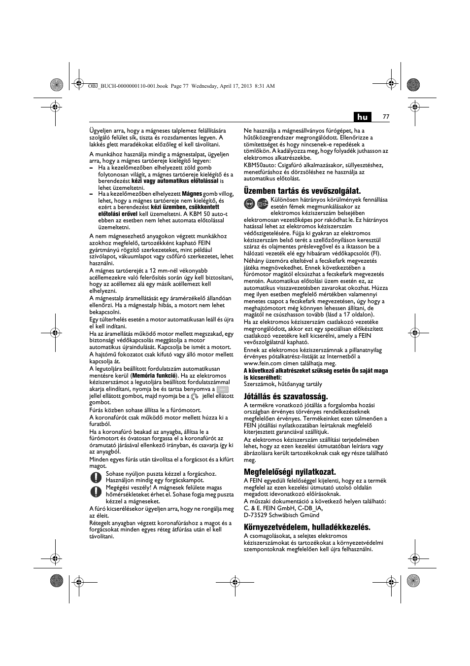Üzemben tartás és vevőszolgálat, Jótállás és szavatosság, Megfelelőségi nyilatkozat | Környezetvédelem, hulladékkezelés | Fein KBM65U User Manual | Page 77 / 162