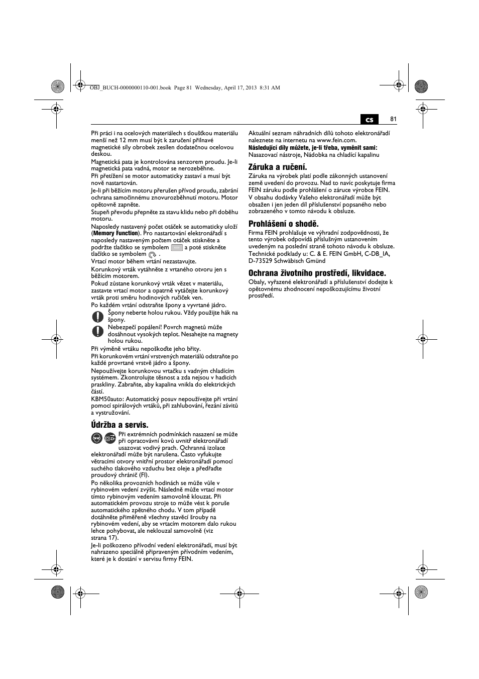 Údržba a servis, Záruka a ručení, Prohlášení o shodě | Ochrana životního prostředí, likvidace | Fein KBM65U User Manual | Page 81 / 162