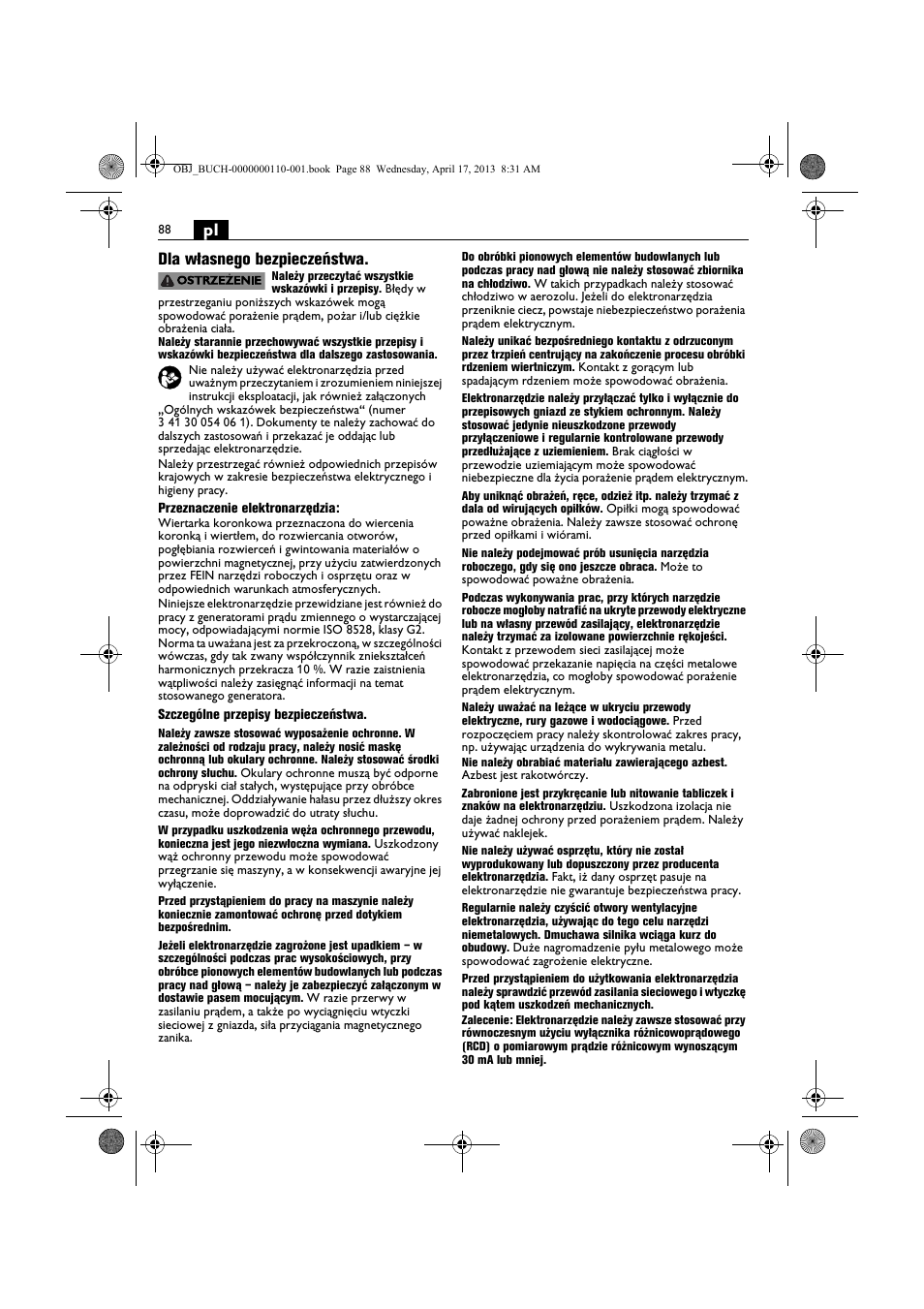 Pl dla własnego bezpieczeństwa | Fein KBM65U User Manual | Page 88 / 162