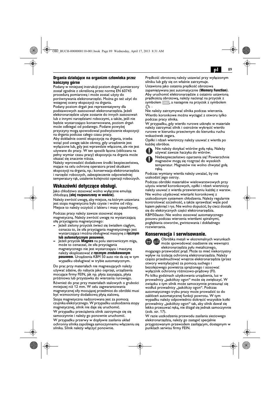 Wskazówki dotyczące obsługi, Konserwacja i serwisowanie | Fein KBM65U User Manual | Page 89 / 162