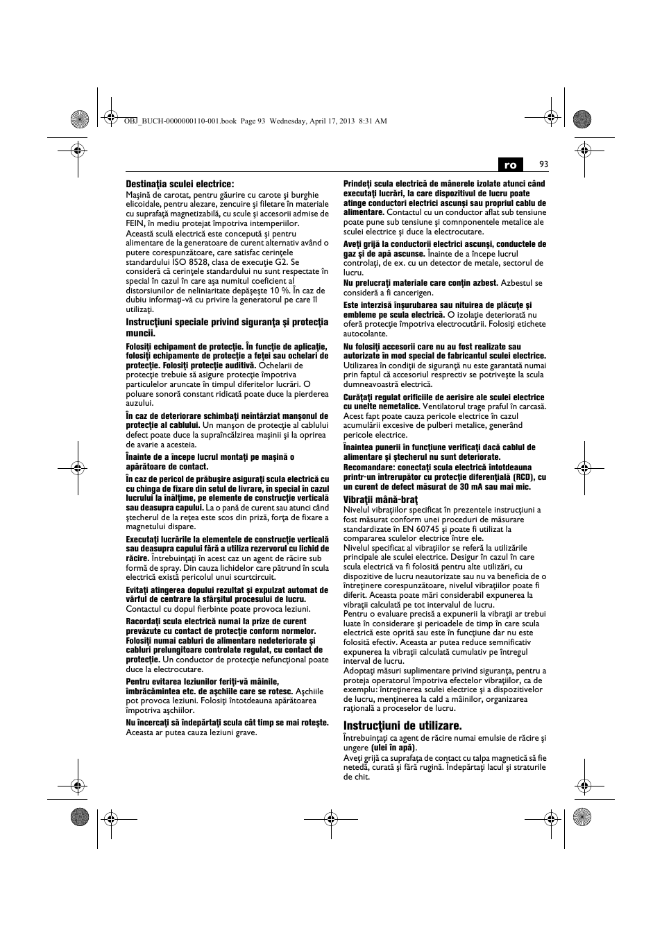 Instrucţiuni de utilizare | Fein KBM65U User Manual | Page 93 / 162