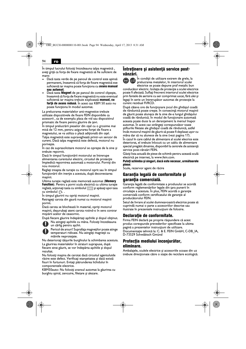 Întreţinere şi asistenţă service post- vânzări, Declaraţie de conformitate, Protecţia mediului înconjurător, eliminare | Fein KBM65U User Manual | Page 94 / 162