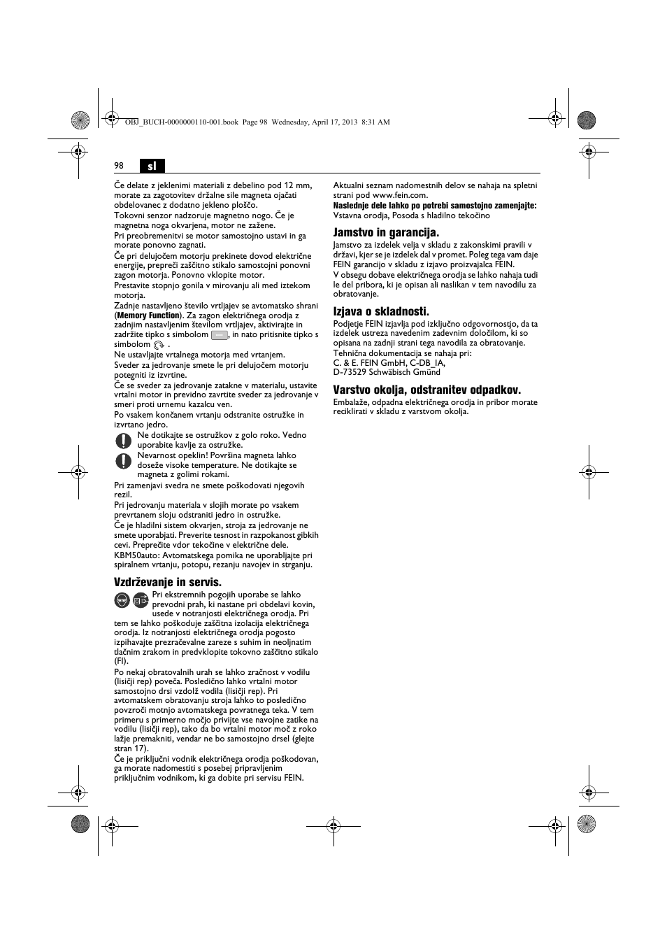 Vzdrževanje in servis, Jamstvo in garancija, Izjava o skladnosti | Varstvo okolja, odstranitev odpadkov | Fein KBM65U User Manual | Page 98 / 162