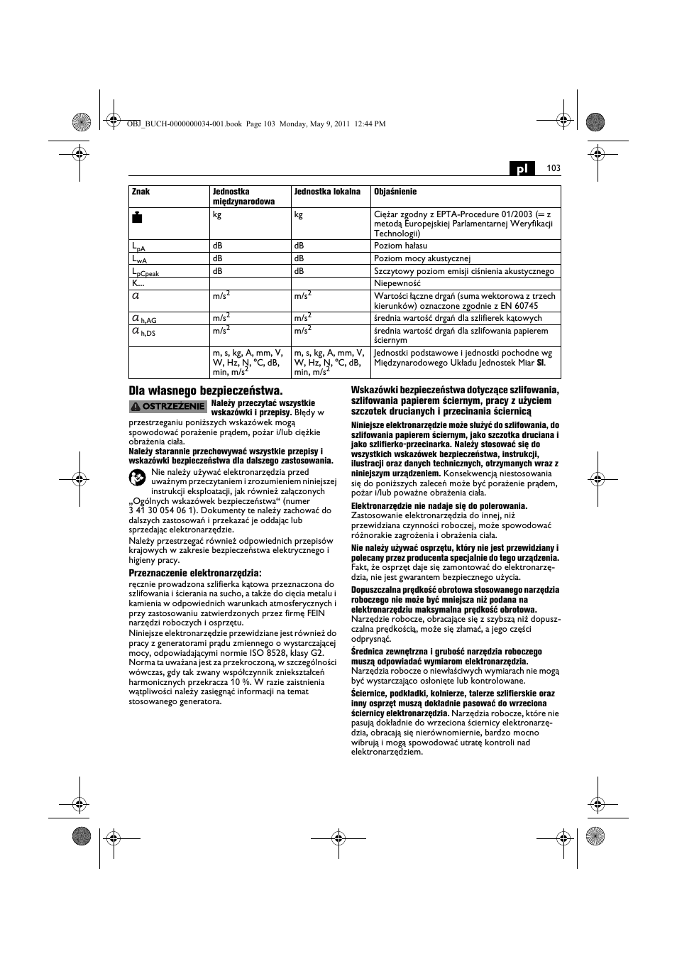 Pl dla własnego bezpieczeństwa | Fein WSG 14-70E User Manual | Page 103 / 195