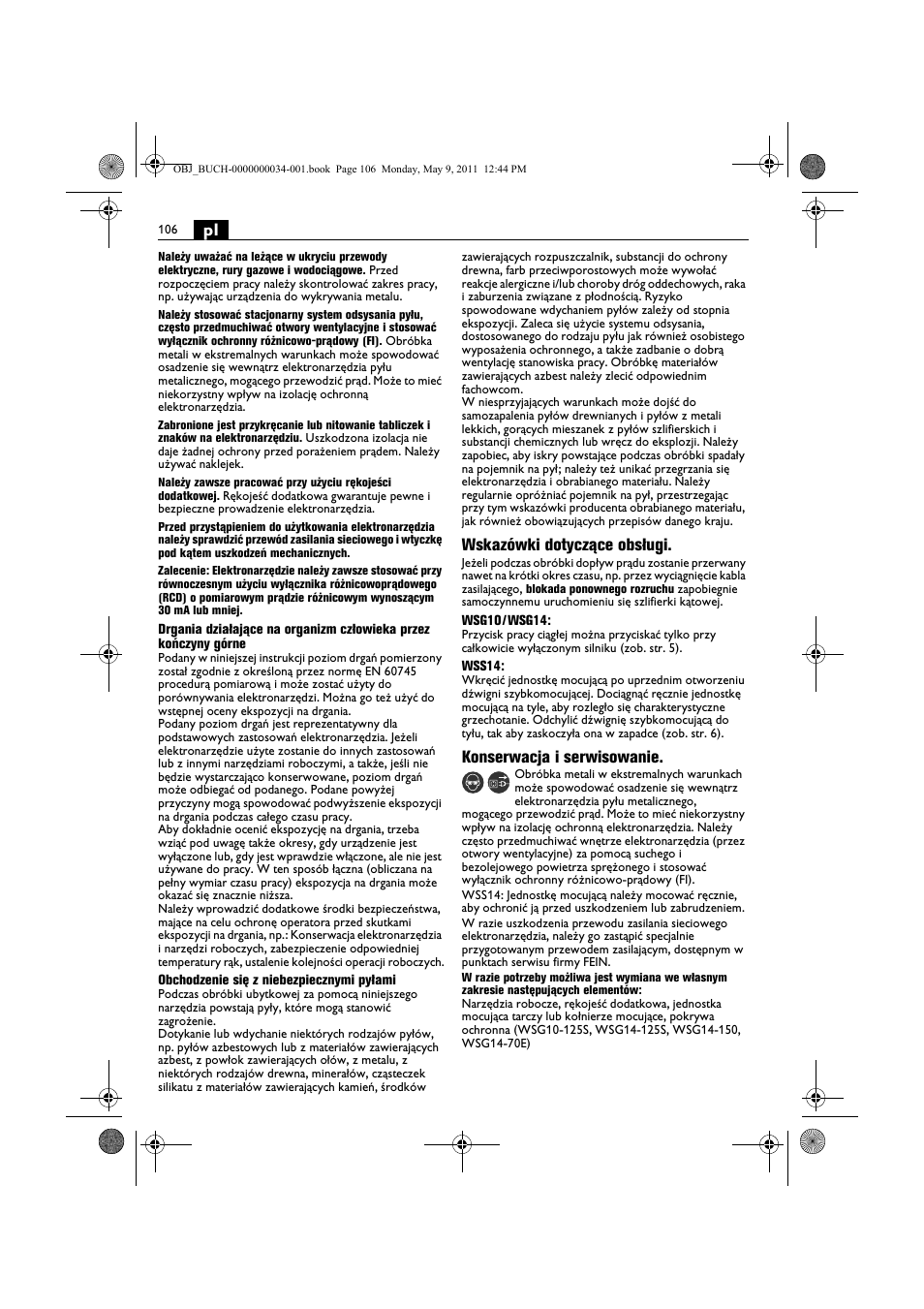 Wskazówki dotyczące obsługi, Konserwacja i serwisowanie | Fein WSG 14-70E User Manual | Page 106 / 195