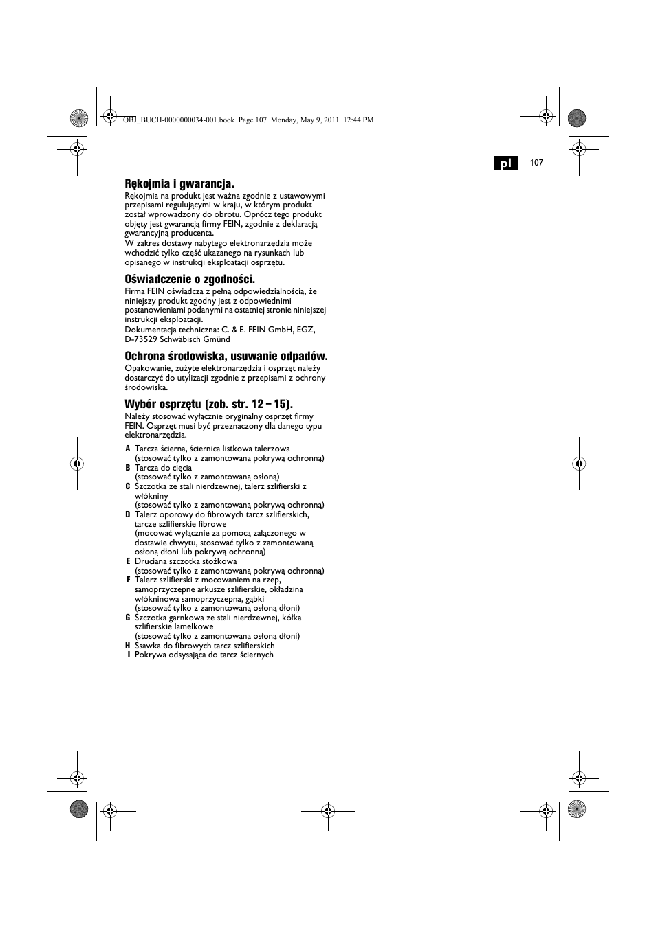 Pl rękojmia i gwarancja, Oświadczenie o zgodności, Ochrona środowiska, usuwanie odpadów | Wybór osprzętu (zob. str. 12 – 15) | Fein WSG 14-70E User Manual | Page 107 / 195