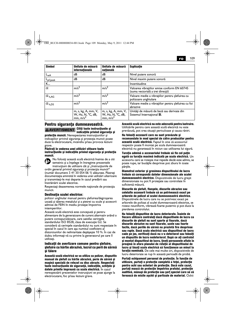 Ro pentru siguranţa dumneavoastră | Fein WSG 14-70E User Manual | Page 109 / 195