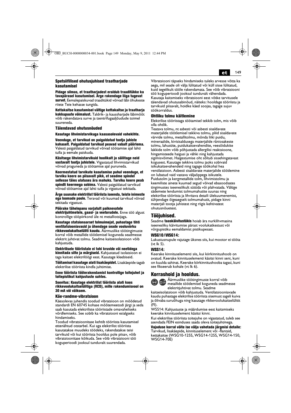 Tööjuhised, Korrashoid ja hooldus | Fein WSG 14-70E User Manual | Page 149 / 195