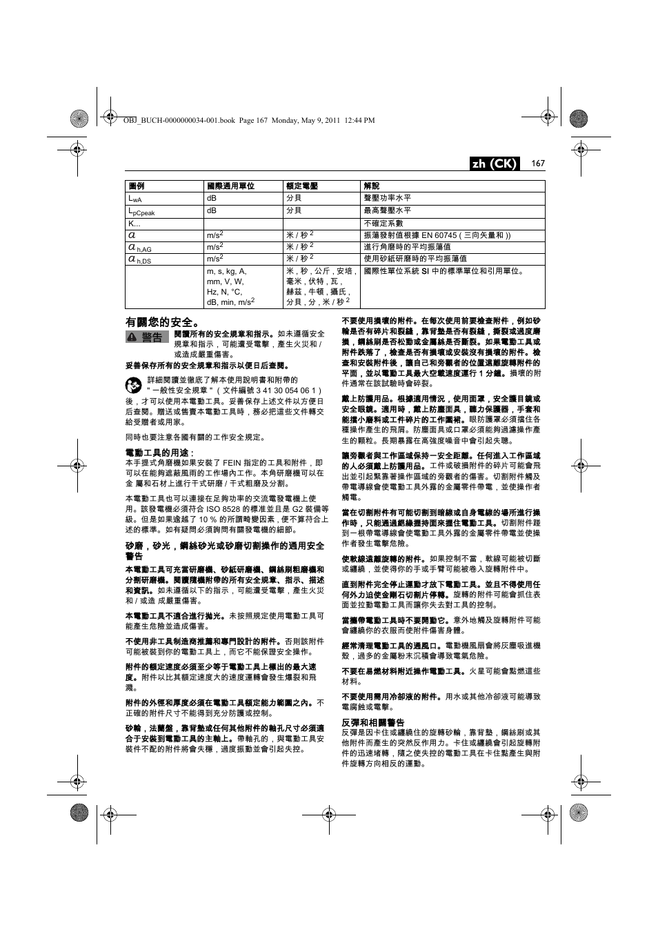 Zh (ck), 有關您的安全 | Fein WSG 14-70E User Manual | Page 167 / 195