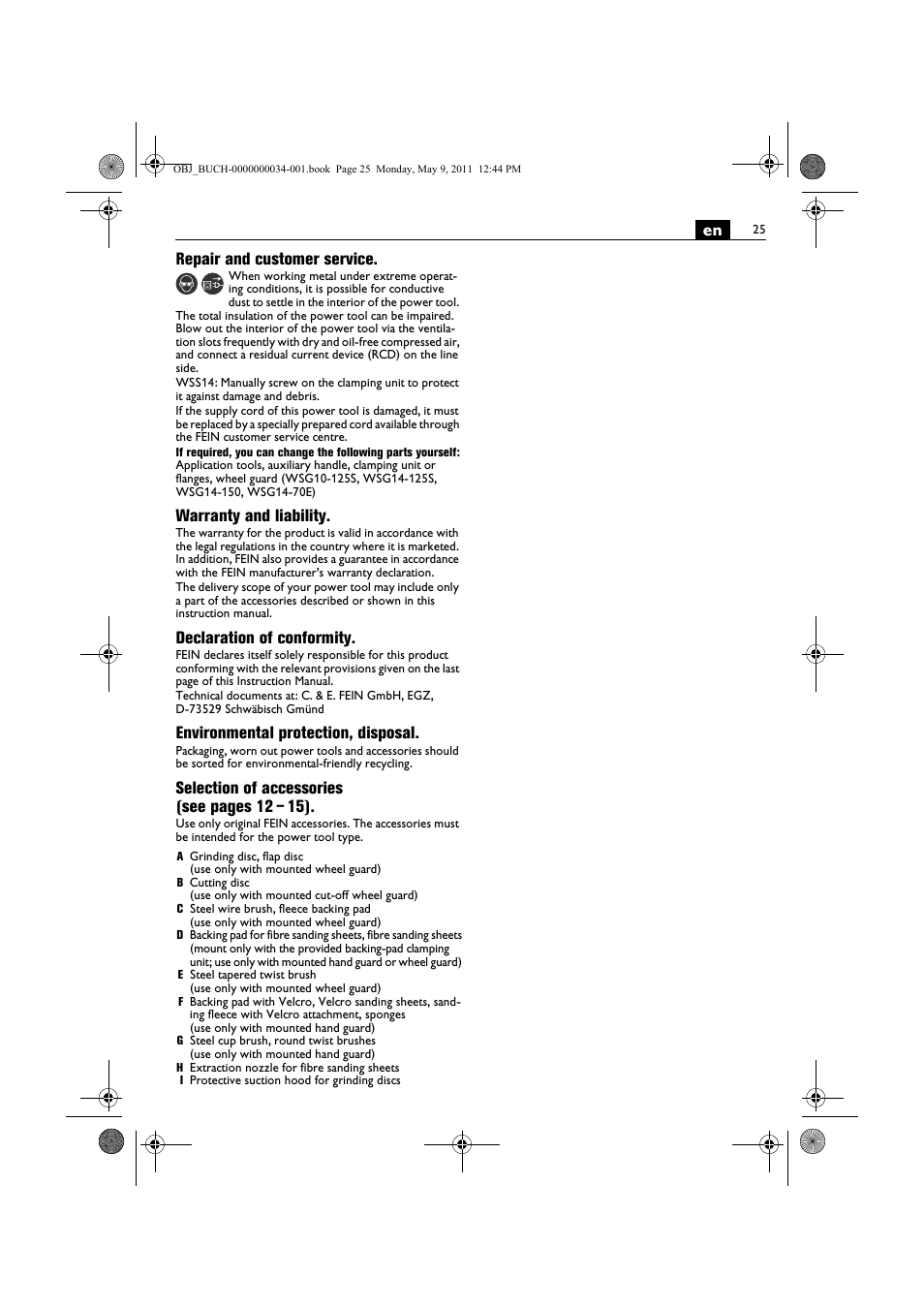 En repair and customer service, Warranty and liability, Declaration of conformity | Environmental protection, disposal, Selection of accessories (see pages 12 – 15) | Fein WSG 14-70E User Manual | Page 25 / 195