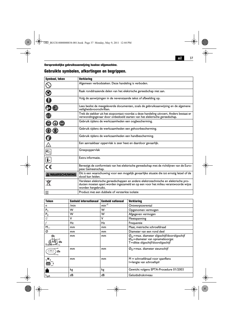 Gebruikte symbolen, afkortingen en begrippen | Fein WSG 14-70E User Manual | Page 37 / 195