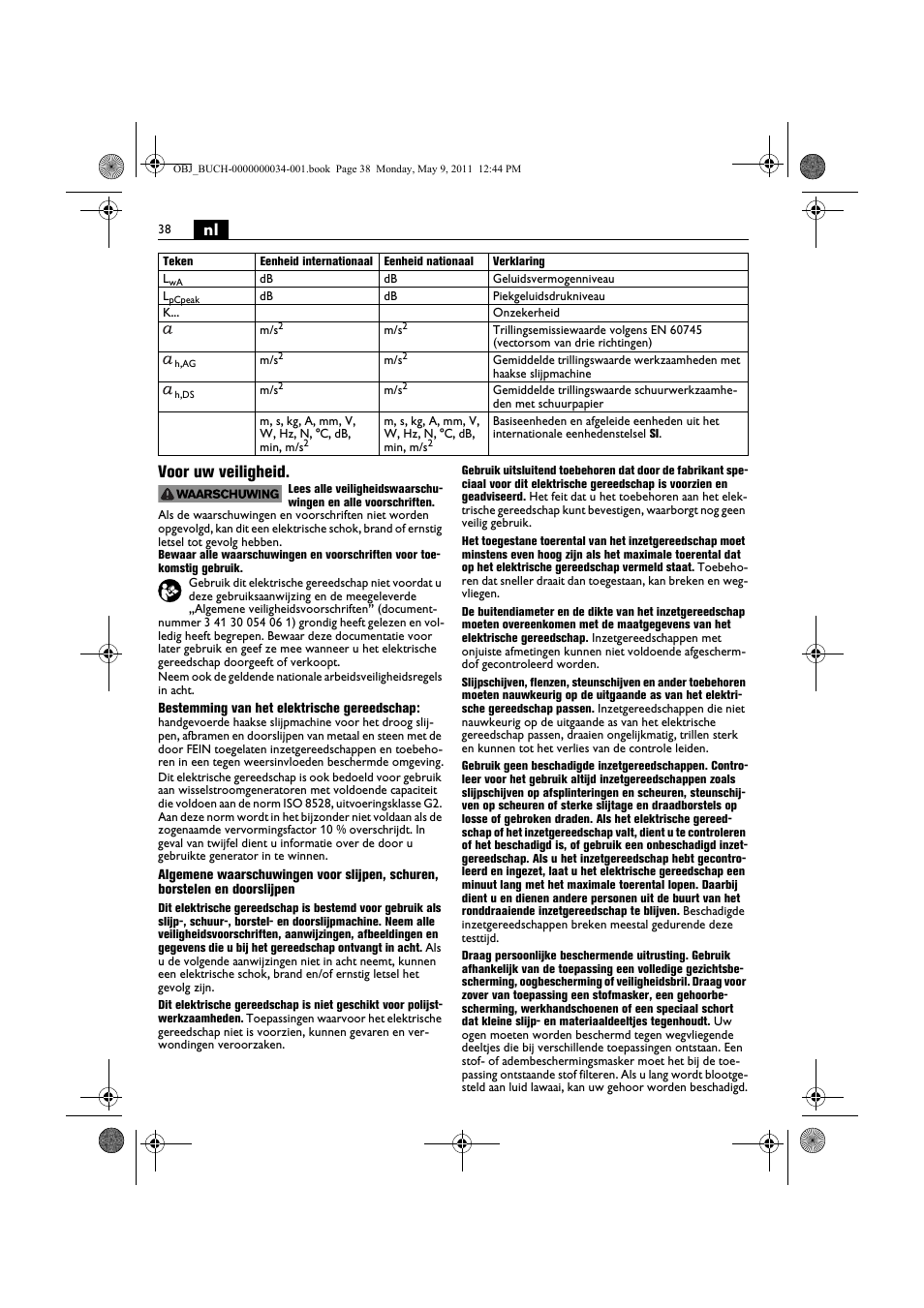 Nl voor uw veiligheid | Fein WSG 14-70E User Manual | Page 38 / 195