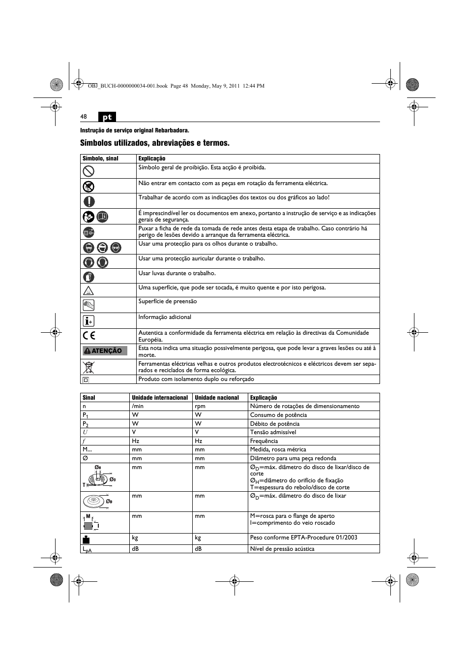 Símbolos utilizados, abreviações e termos | Fein WSG 14-70E User Manual | Page 48 / 195