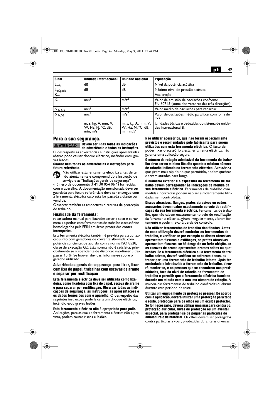 Pt para a sua segurança | Fein WSG 14-70E User Manual | Page 49 / 195