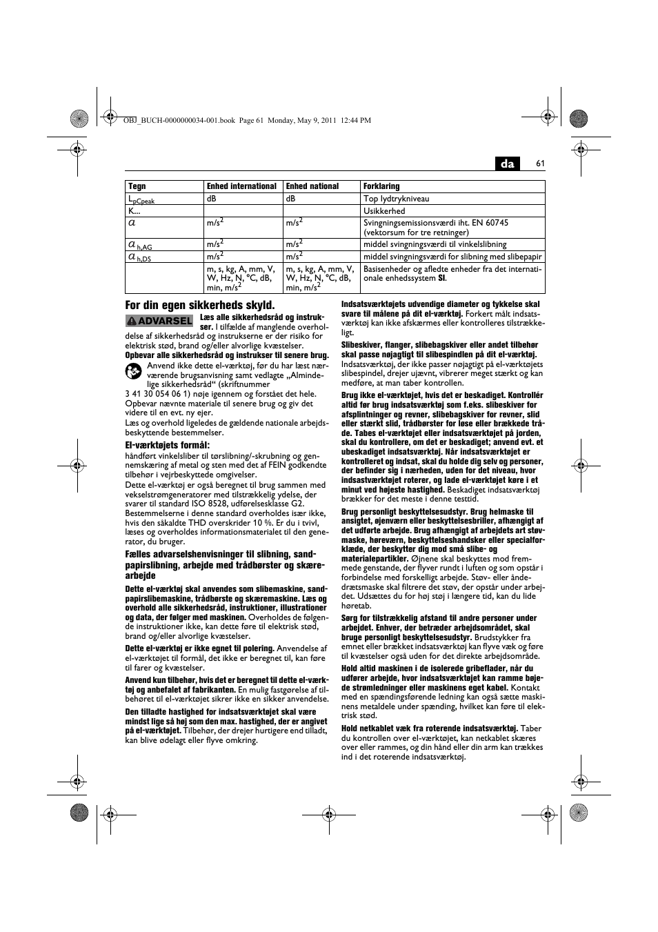 Da for din egen sikkerheds skyld | Fein WSG 14-70E User Manual | Page 61 / 195