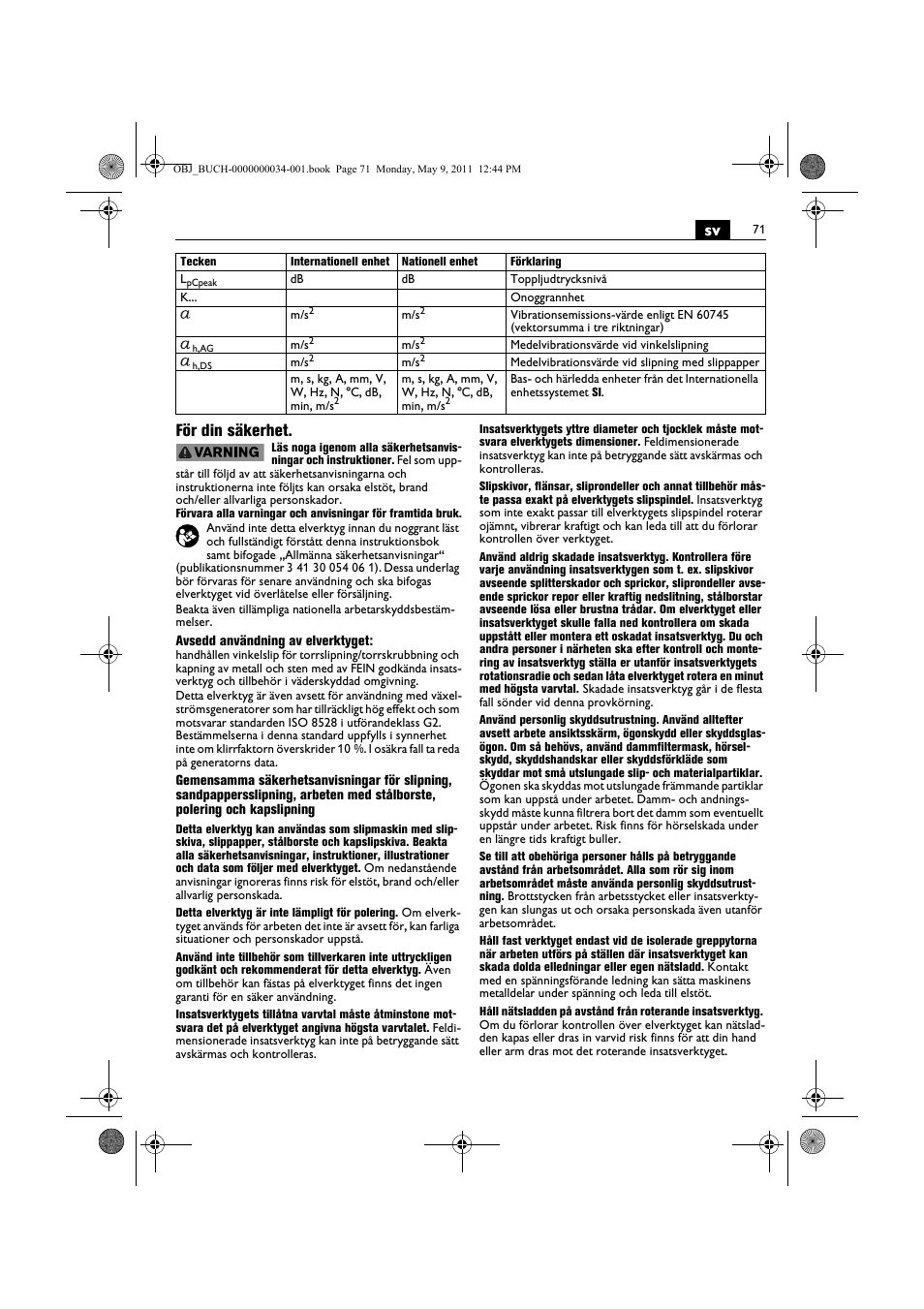 Sv för din säkerhet | Fein WSG 14-70E User Manual | Page 71 / 195