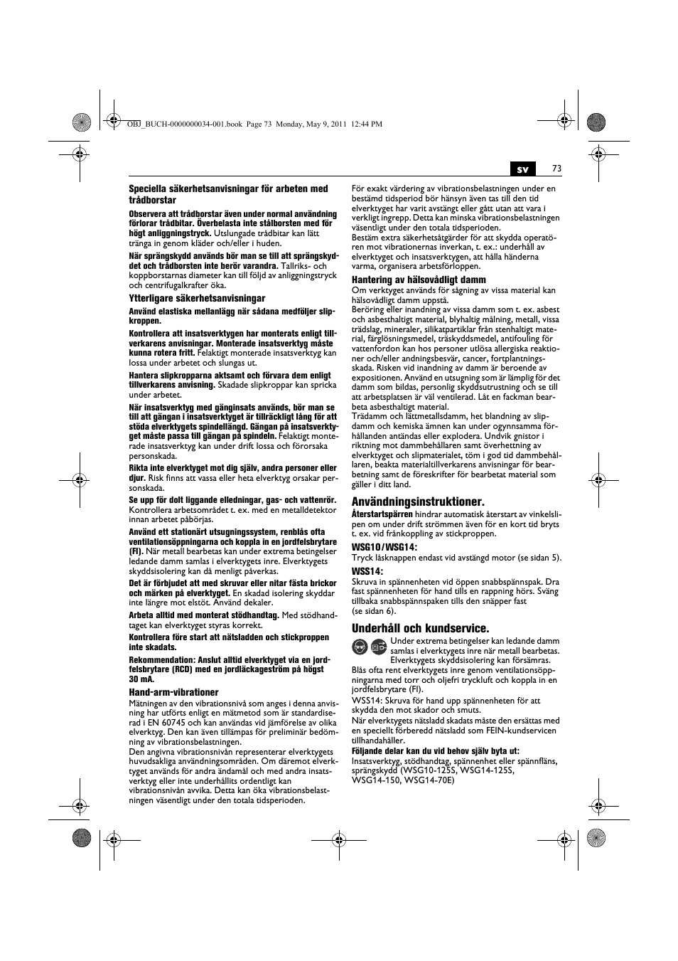 Användningsinstruktioner, Underhåll och kundservice | Fein WSG 14-70E User Manual | Page 73 / 195