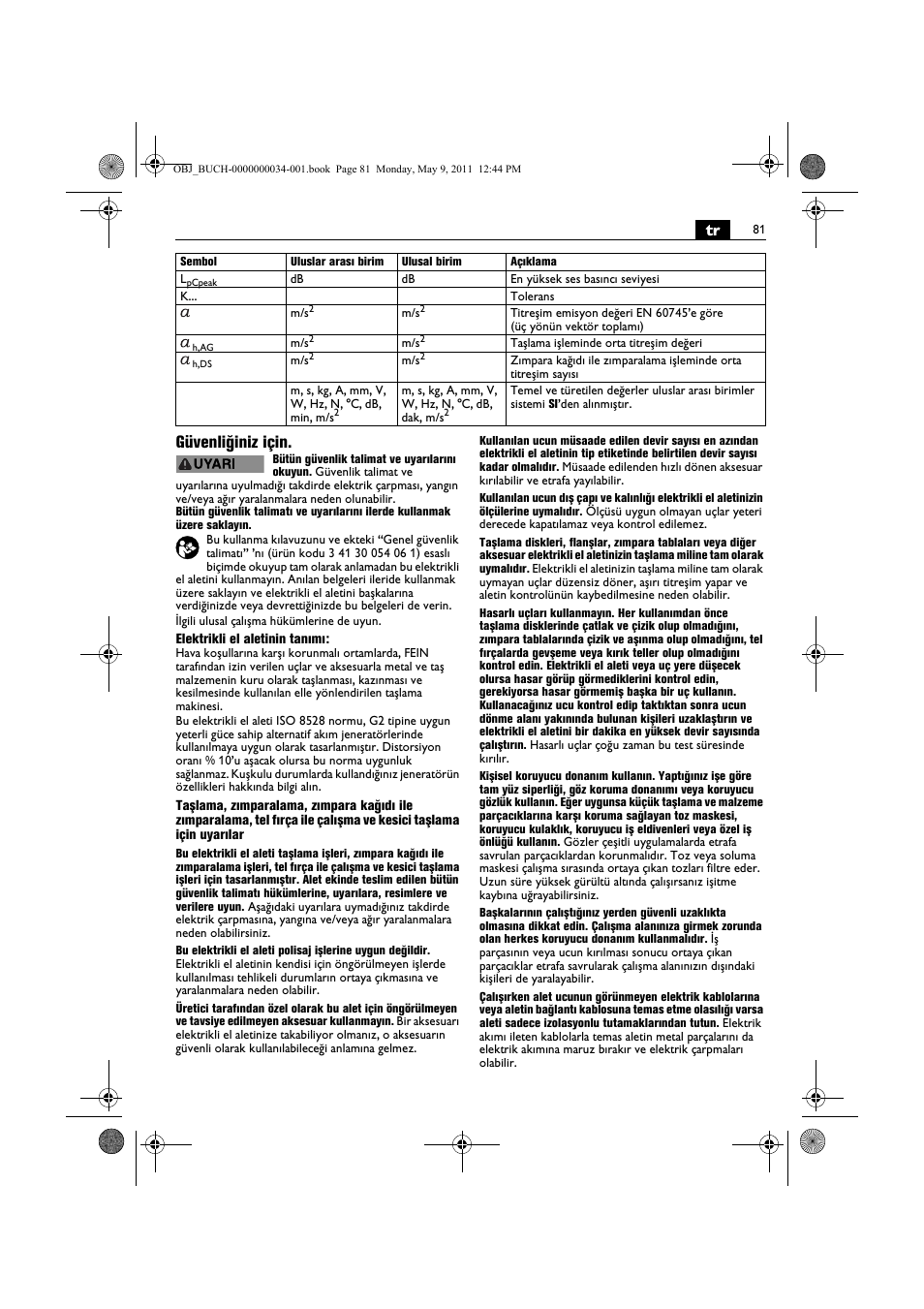 Tr güvenliğiniz için | Fein WSG 14-70E User Manual | Page 81 / 195