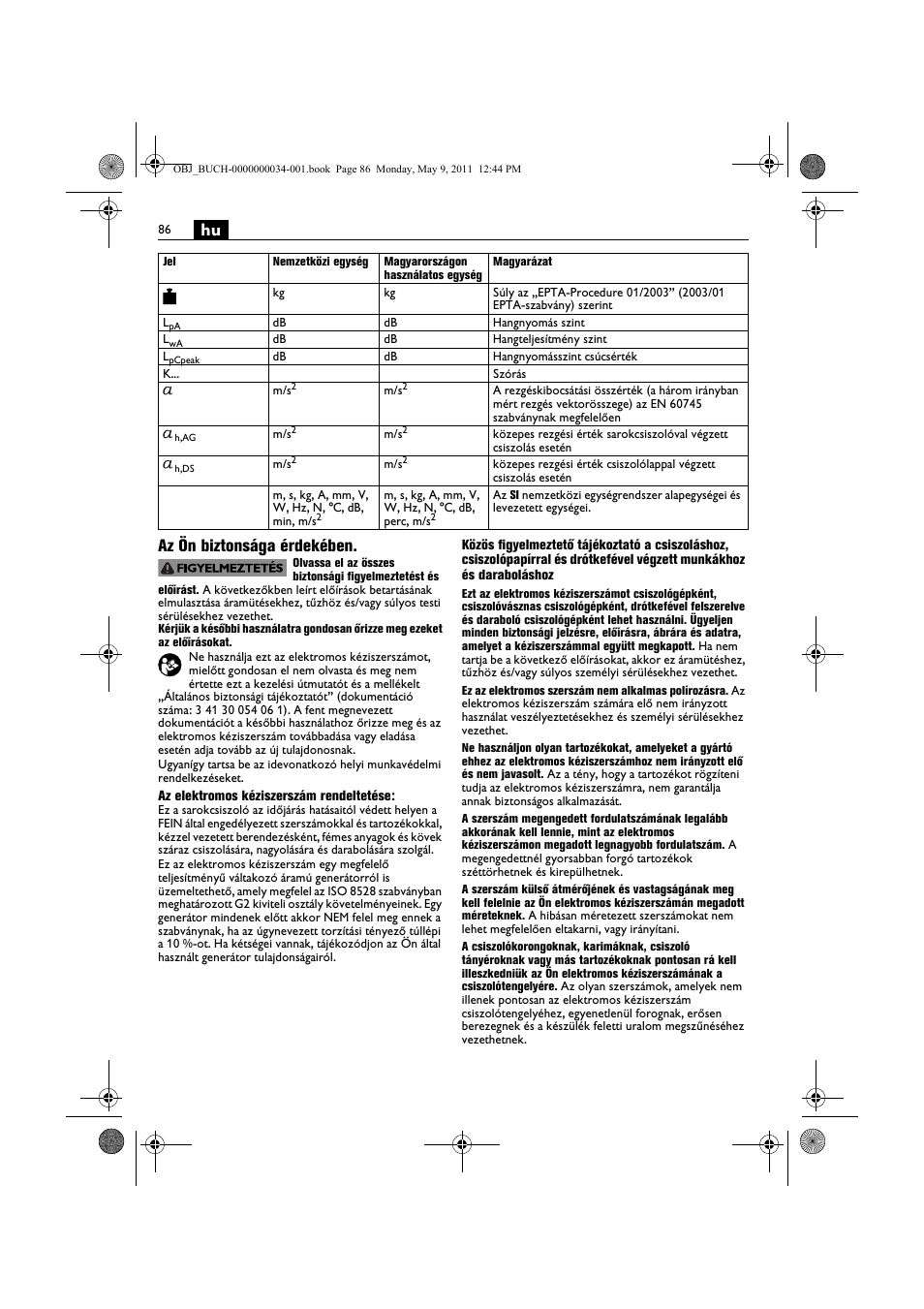 Hu az ön biztonsága érdekében | Fein WSG 14-70E User Manual | Page 86 / 195