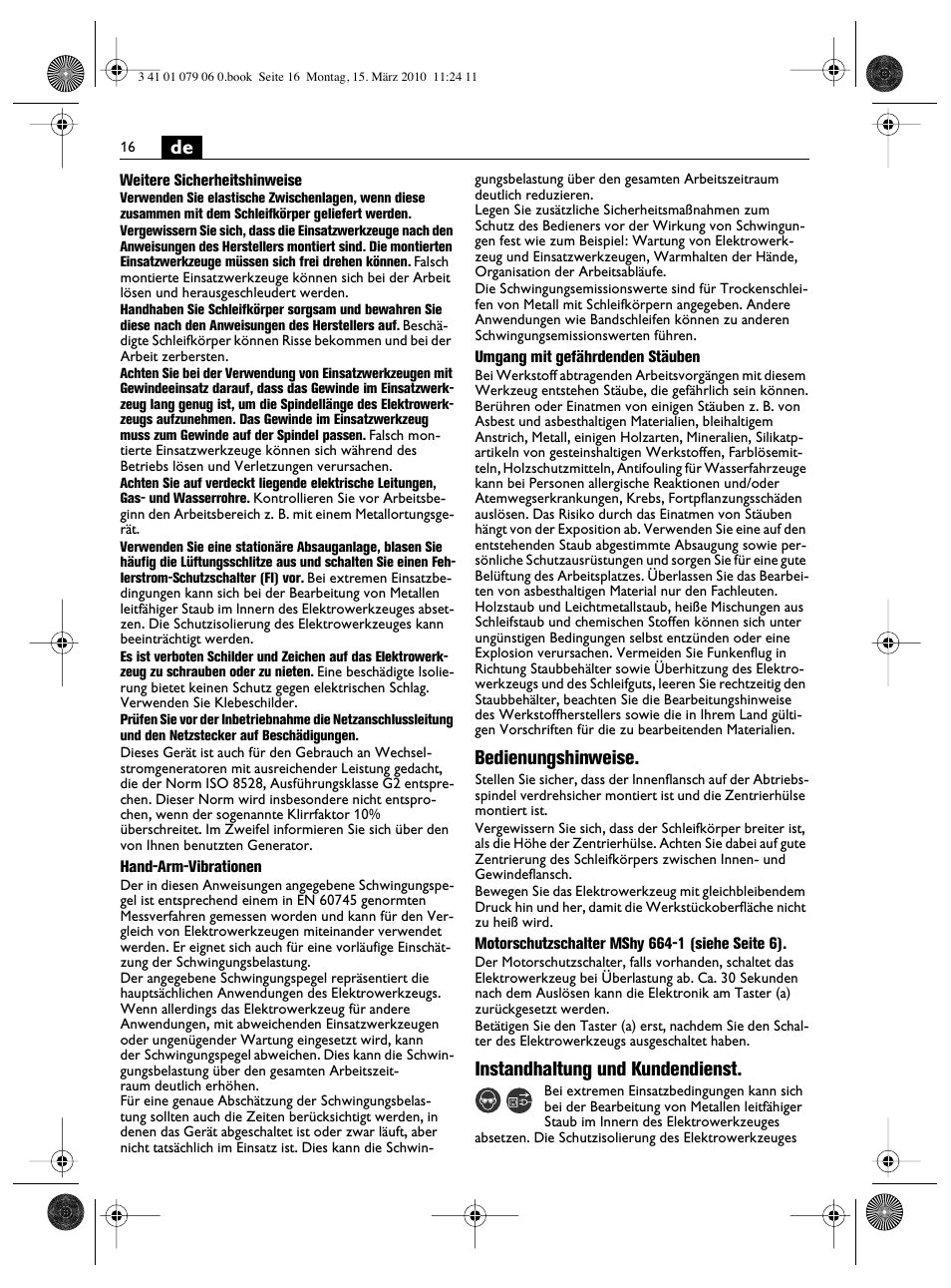 Bedienungshinweise, Instandhaltung und kundendienst | Fein MShy_664_1 User Manual | Page 16 / 96