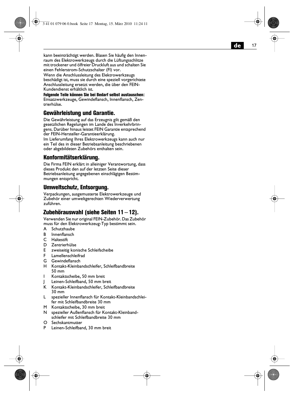 Gewährleistung und garantie, Konformitätserklärung, Umweltschutz, entsorgung | Zubehörauswahl (siehe seiten 11 – 12) | Fein MShy_664_1 User Manual | Page 17 / 96