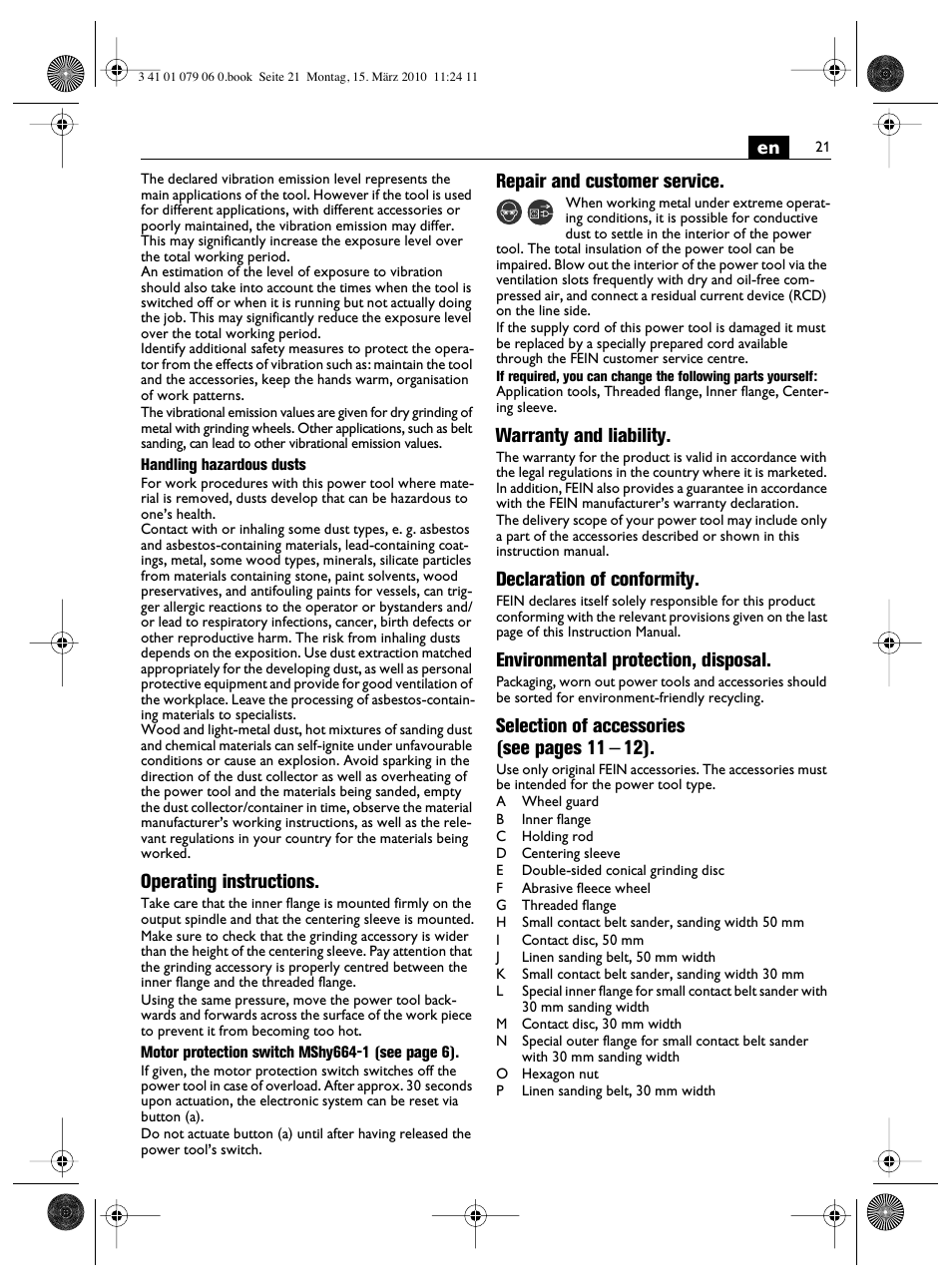 Operating instructions, Repair and customer service, Warranty and liability | Declaration of conformity, Environmental protection, disposal, Selection of accessories (see pages 11 – 12) | Fein MShy_664_1 User Manual | Page 21 / 96
