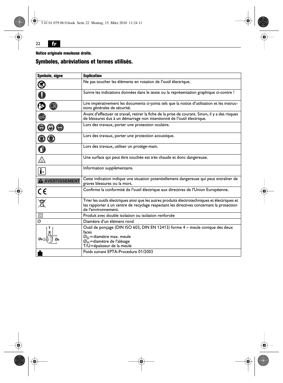 Symboles, abréviations et termes utilisés | Fein MShy_664_1 User Manual | Page 22 / 96