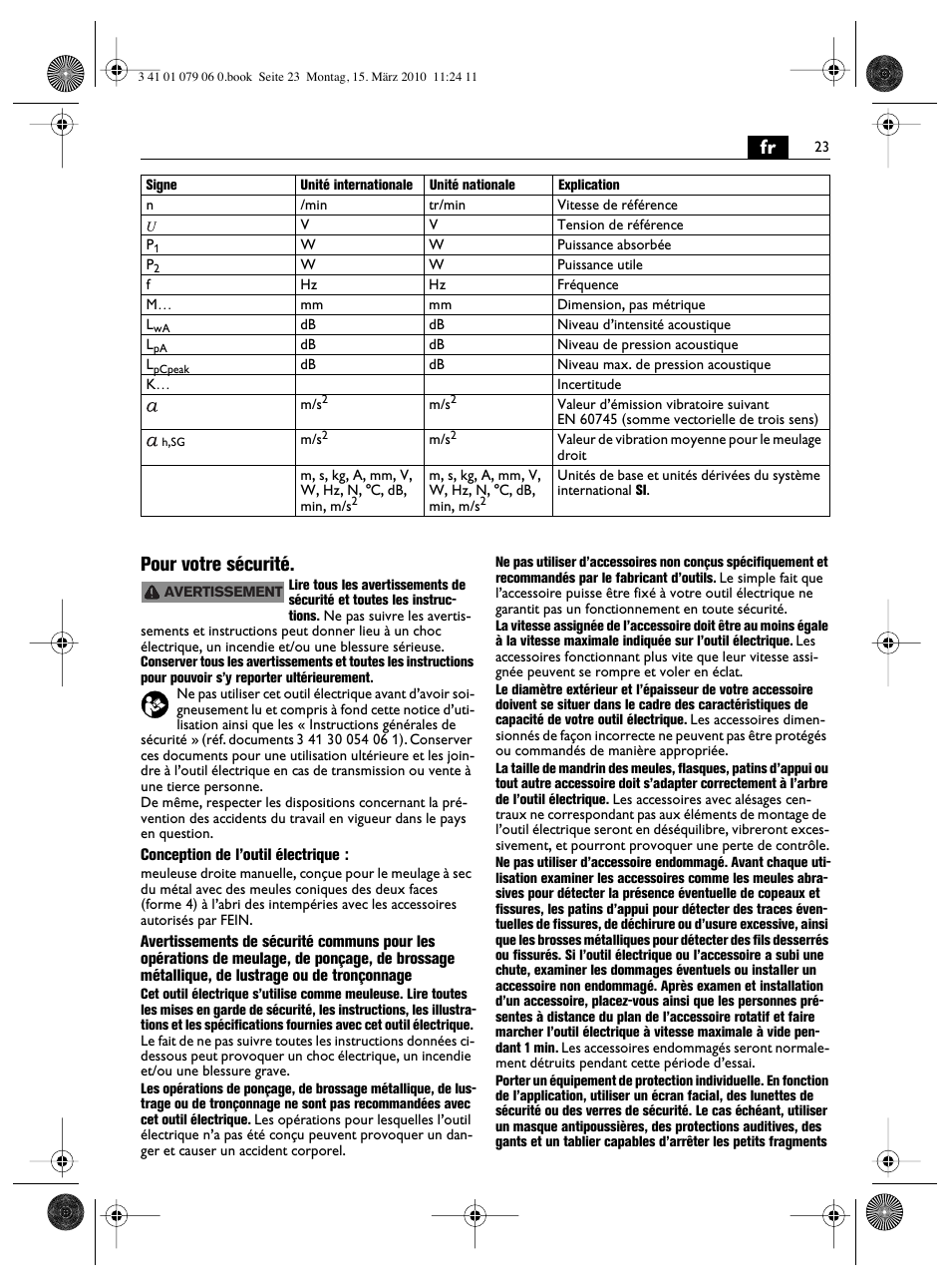 Fr pour votre sécurité | Fein MShy_664_1 User Manual | Page 23 / 96