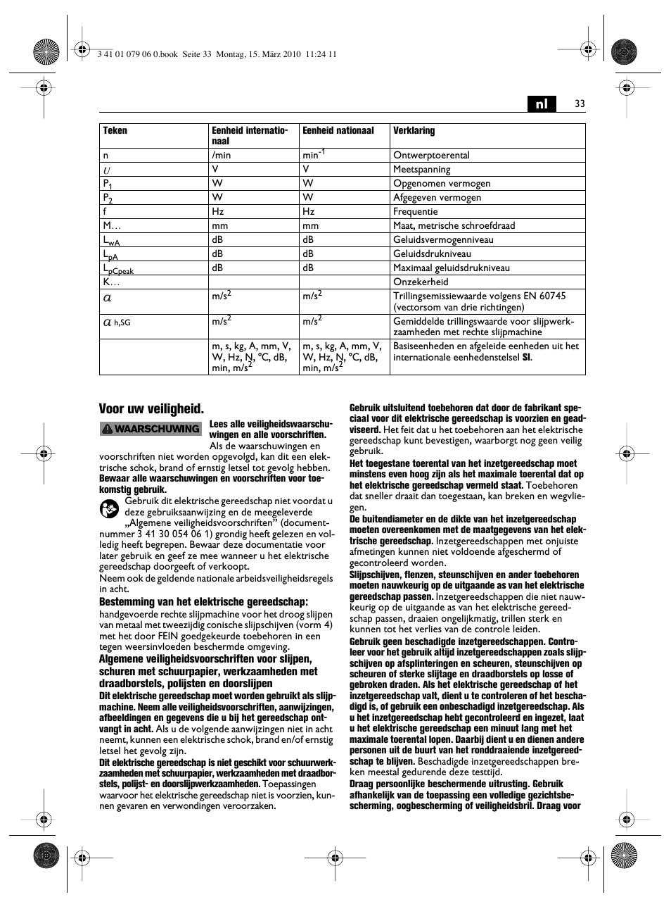 Nl voor uw veiligheid | Fein MShy_664_1 User Manual | Page 33 / 96