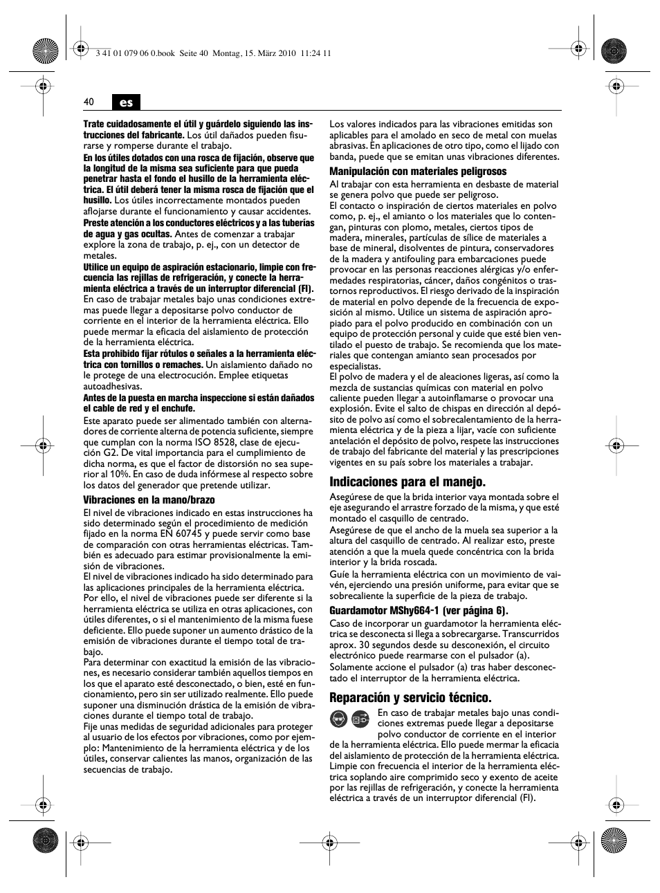 Indicaciones para el manejo, Reparación y servicio técnico | Fein MShy_664_1 User Manual | Page 40 / 96