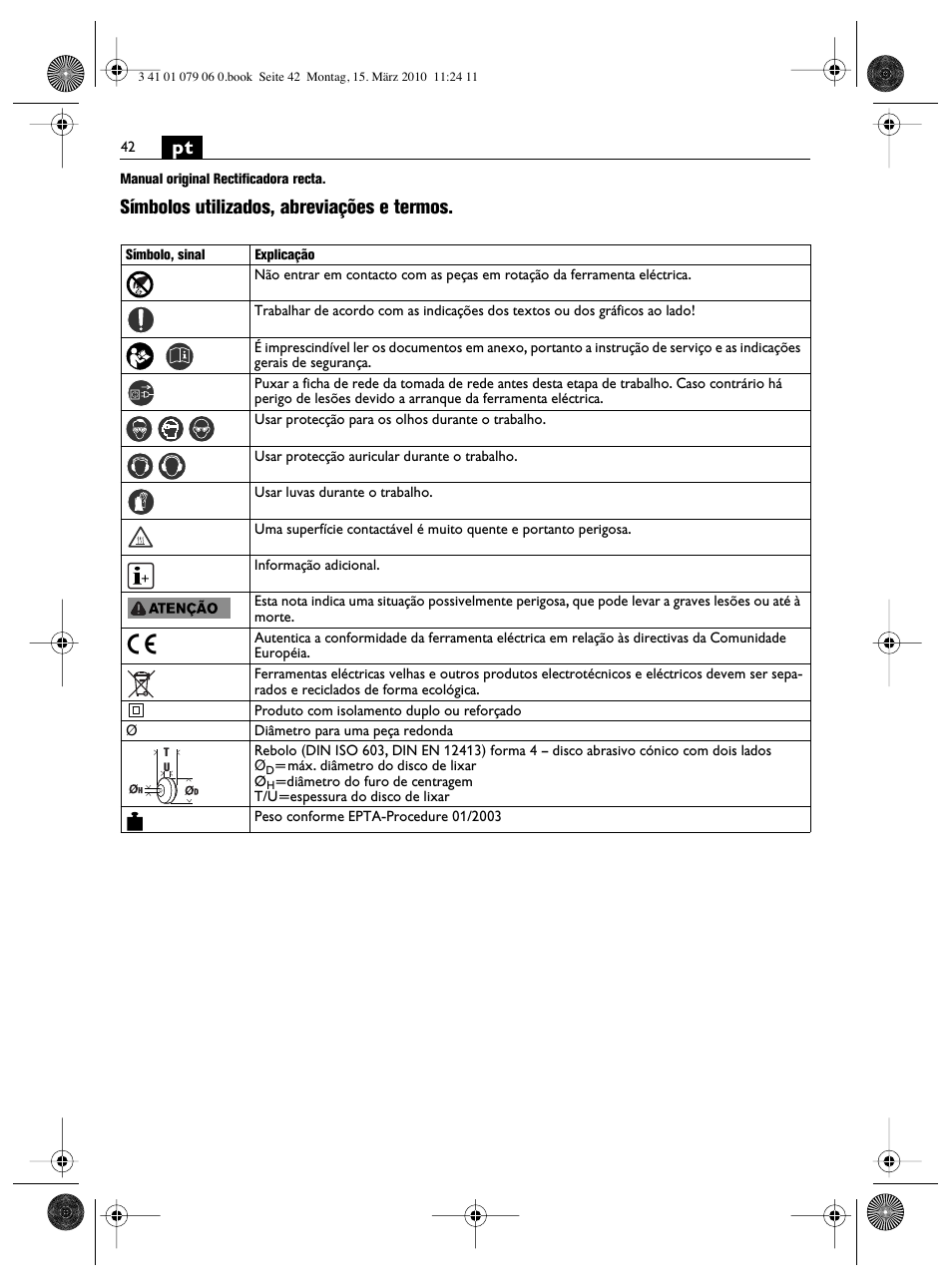 Símbolos utilizados, abreviações e termos | Fein MShy_664_1 User Manual | Page 42 / 96