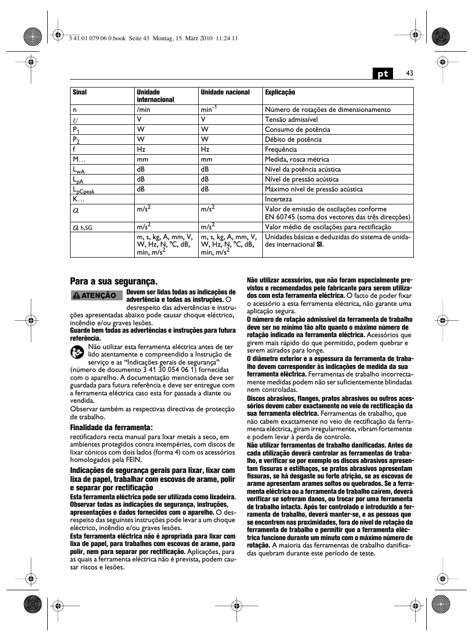 Pt para a sua segurança | Fein MShy_664_1 User Manual | Page 43 / 96