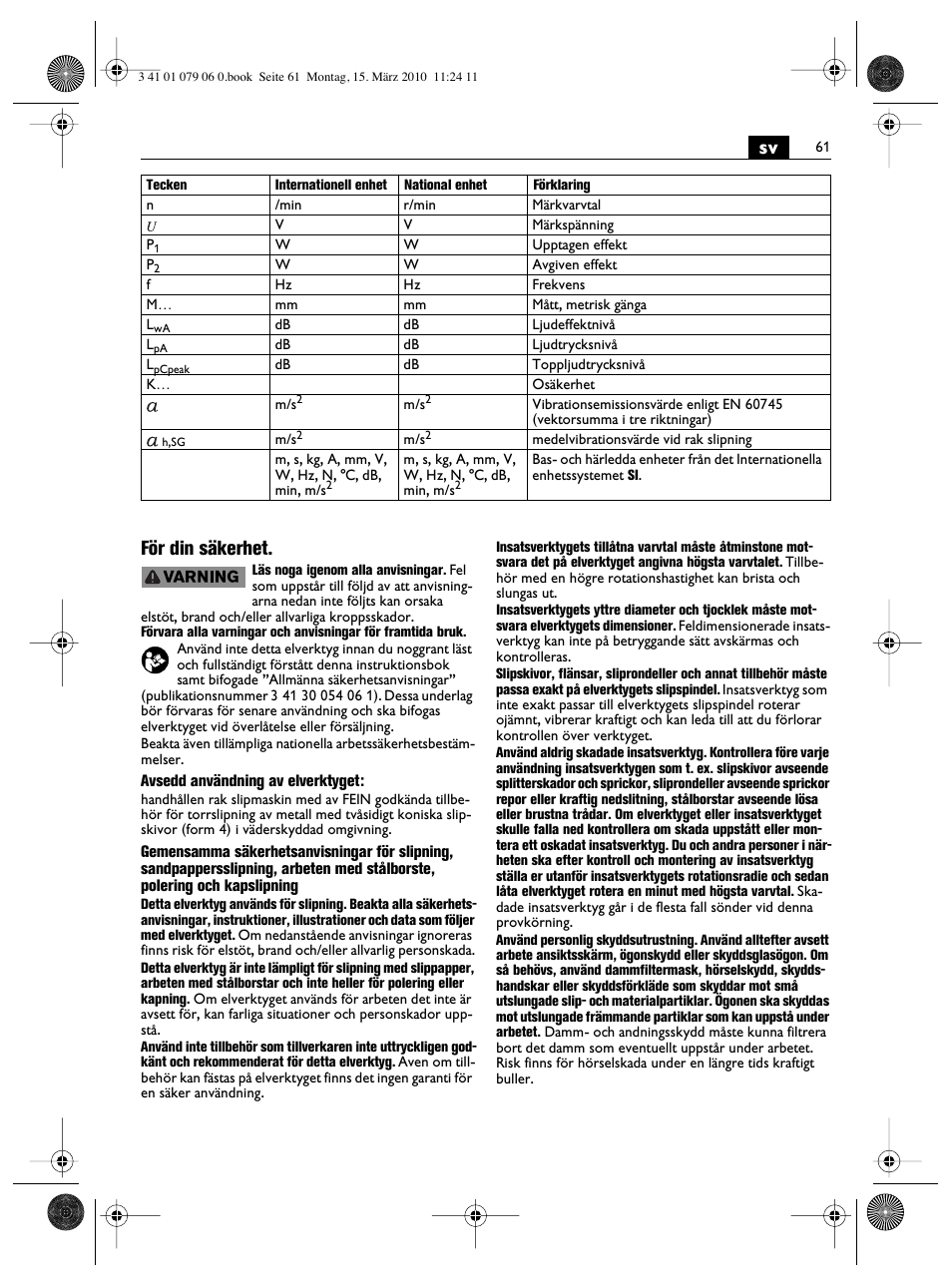 Sv för din säkerhet | Fein MShy_664_1 User Manual | Page 61 / 96