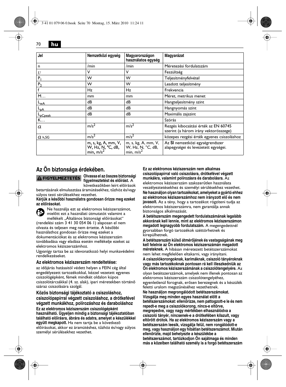 Hu az ön biztonsága érdekében | Fein MShy_664_1 User Manual | Page 70 / 96