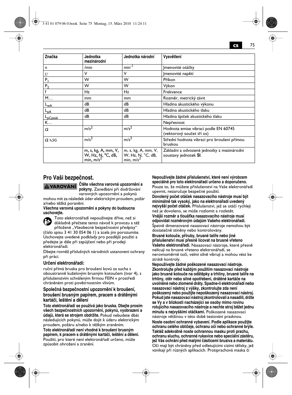 Cs pro va‰i bezpeãnost | Fein MShy_664_1 User Manual | Page 75 / 96