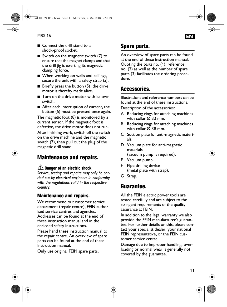 Maintenance and repairs, Spare parts, Accessories | Guarantee | Fein MBS16 User Manual | Page 11 / 78