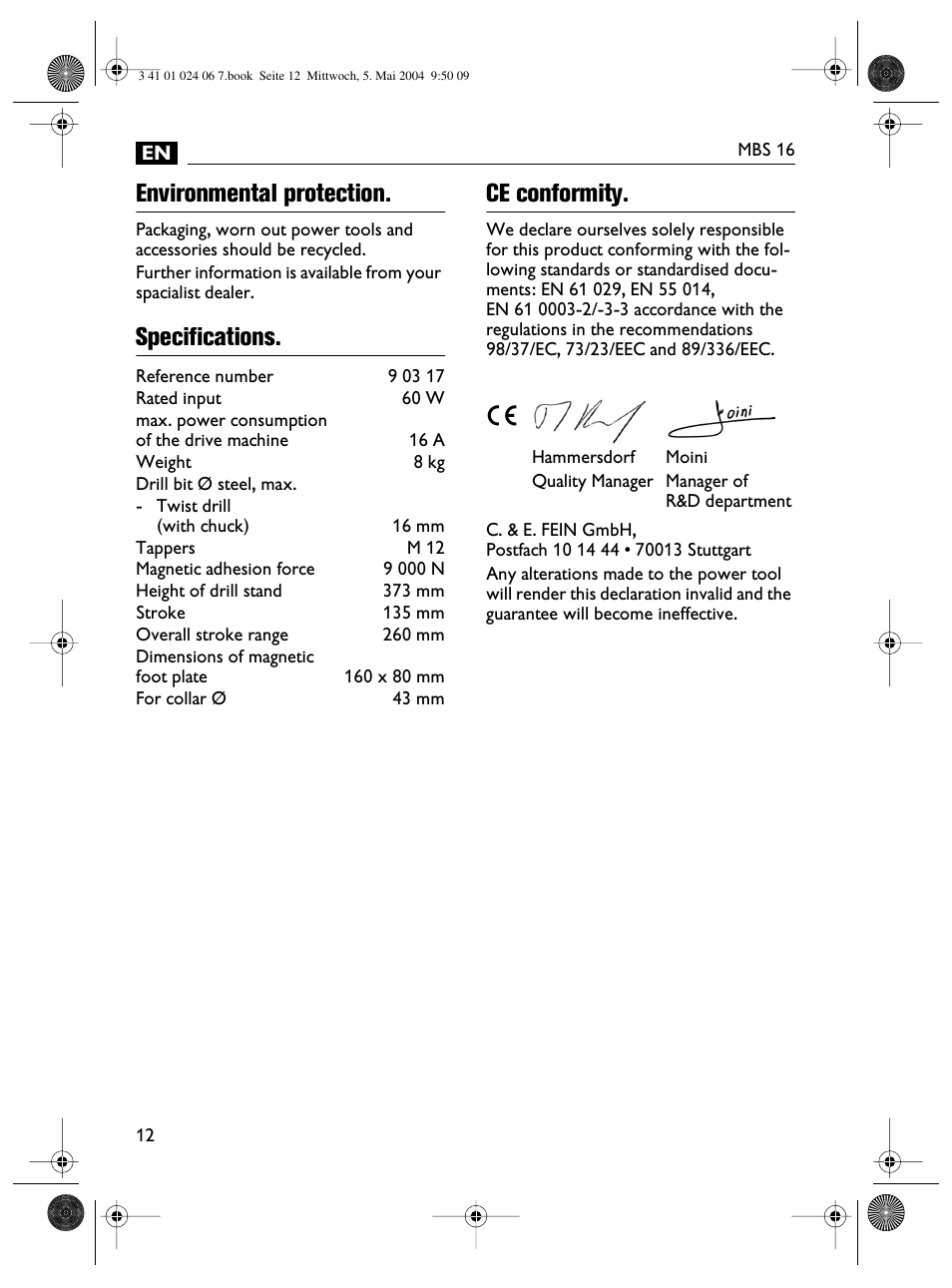 Environmental protection, Specifications. ce conformity | Fein MBS16 User Manual | Page 12 / 78