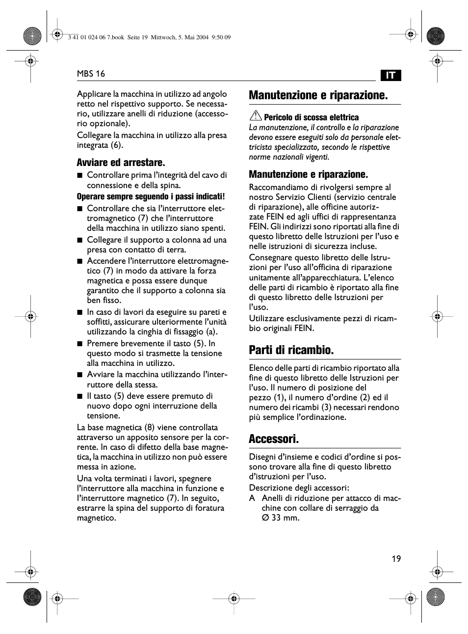 Manutenzione e riparazione, Parti di ricambio, Accessori | Fein MBS16 User Manual | Page 19 / 78