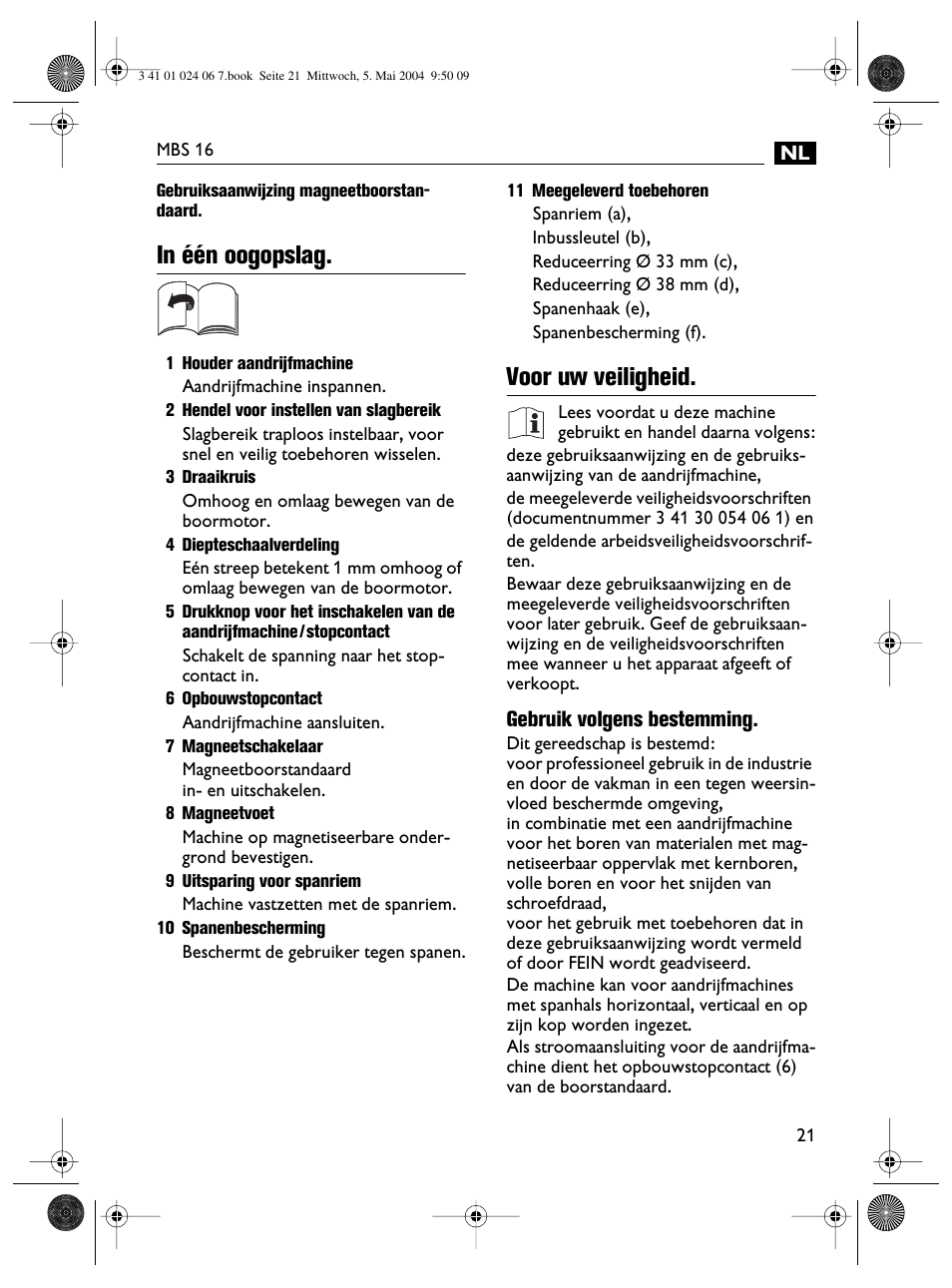 Voor uw veiligheid | Fein MBS16 User Manual | Page 21 / 78