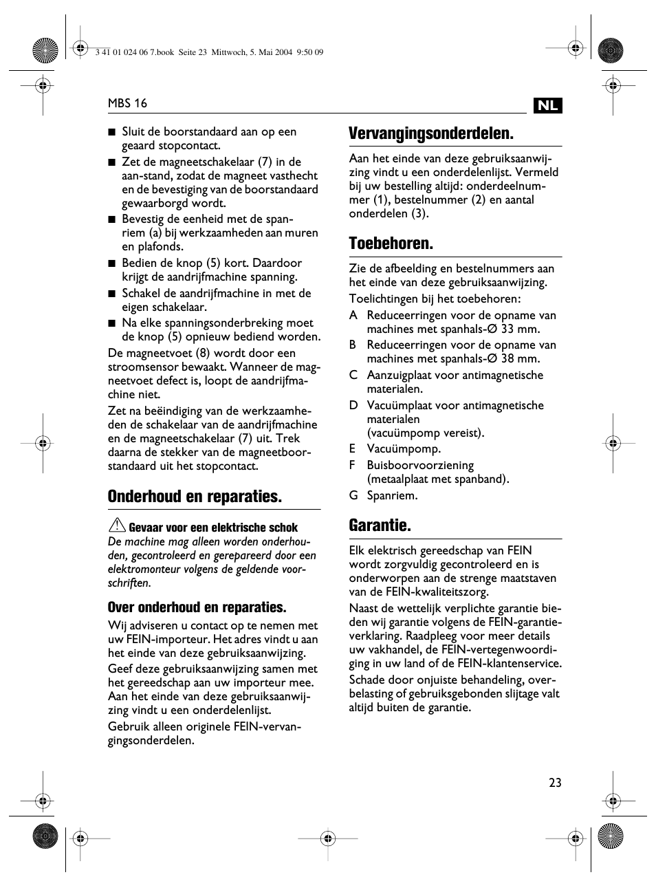 Onderhoud en reparaties, Vervangingsonderdelen, Toebehoren | Garantie | Fein MBS16 User Manual | Page 23 / 78