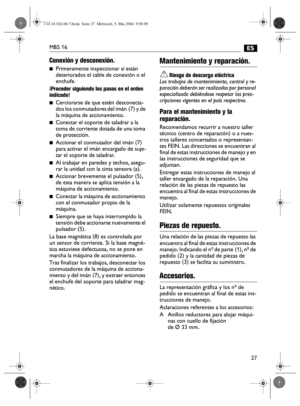 Mantenimiento y reparación, Piezas de repuesto, Accesorios | Fein MBS16 User Manual | Page 27 / 78