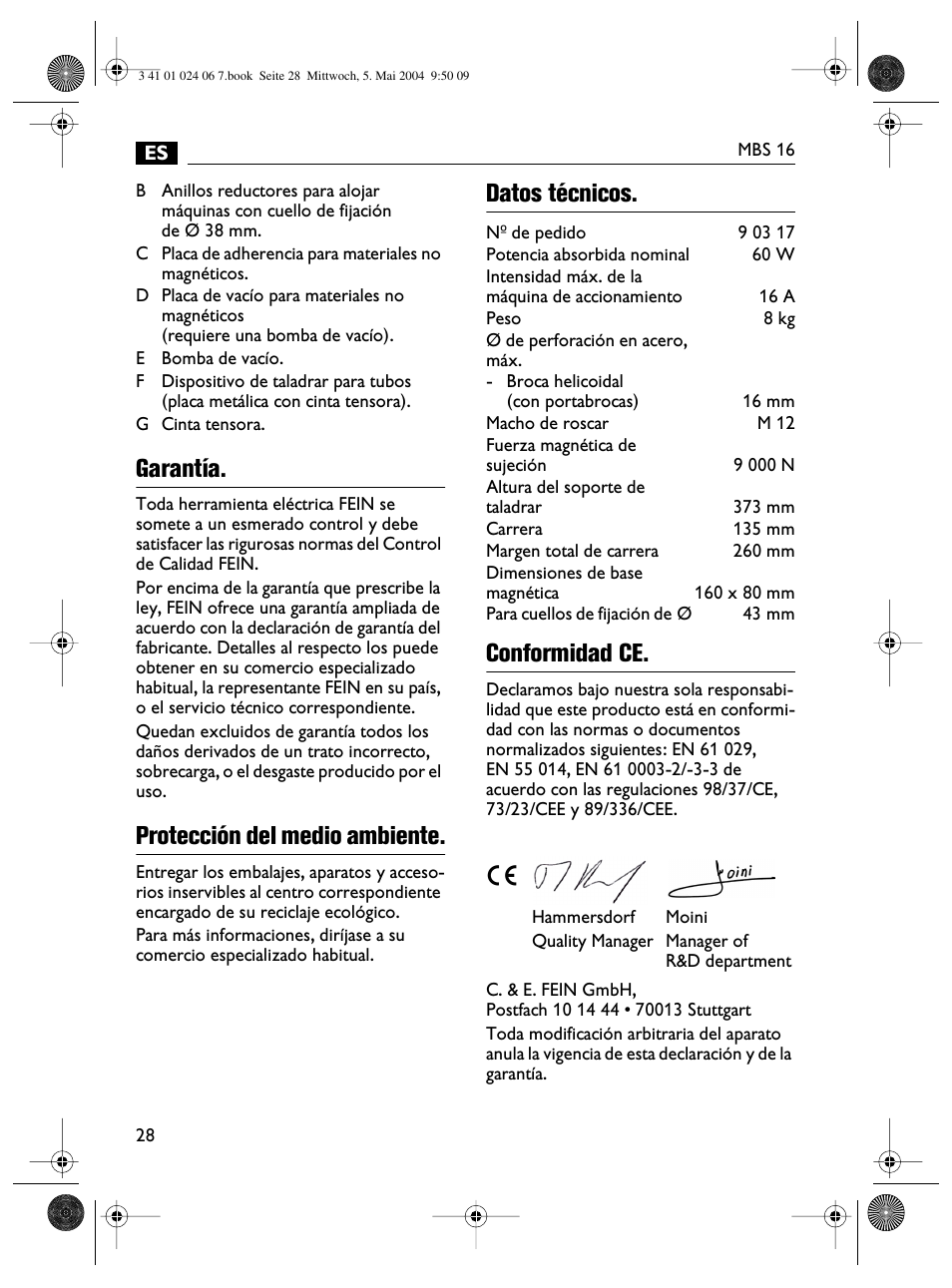 Garantía, Protección del medio ambiente, Datos técnicos. conformidad ce | Fein MBS16 User Manual | Page 28 / 78