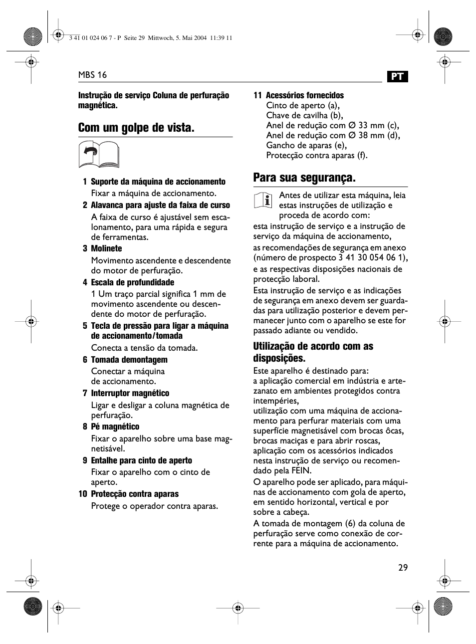 Com um golpe de vista, Para sua segurança | Fein MBS16 User Manual | Page 29 / 78