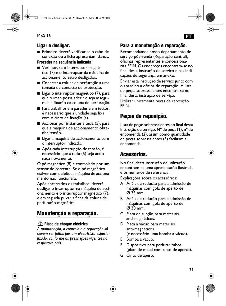 Manutenção e reparação, Peças de reposição, Acessórios | Fein MBS16 User Manual | Page 31 / 78