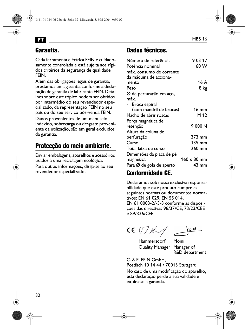 Garantia, Protecção do meio ambiente, Dados técnicos. conformidade ce | Fein MBS16 User Manual | Page 32 / 78